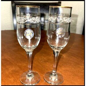Vintage Danexx Crystal Champagne Flutes With Gold Rim & Etched Design